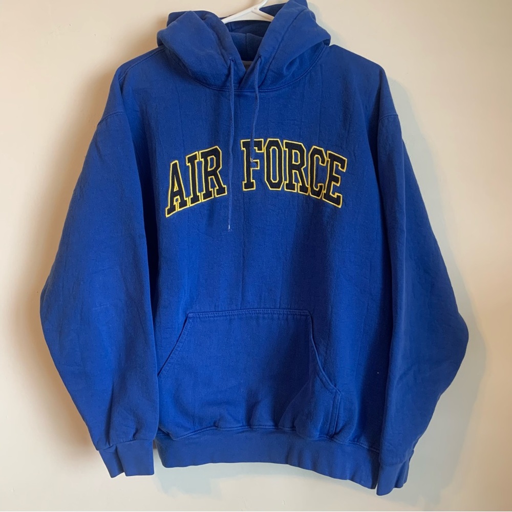 Vintage Pullover Hoodie Air Force Blue Arch Logo Spellout Sz m